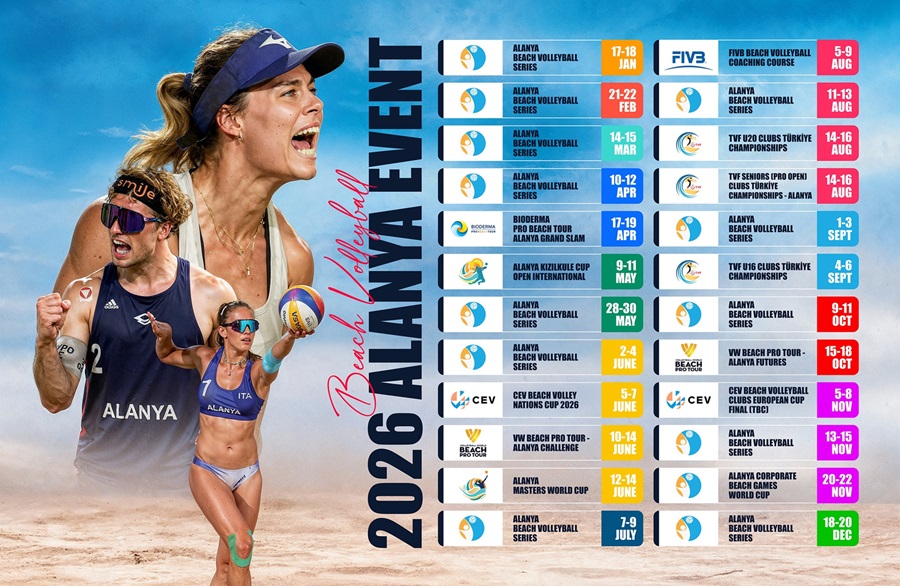 Promotional poster for the 2026 Alanya Beach Volleyball Event with players on the left and a color-coded schedule grid on the right.