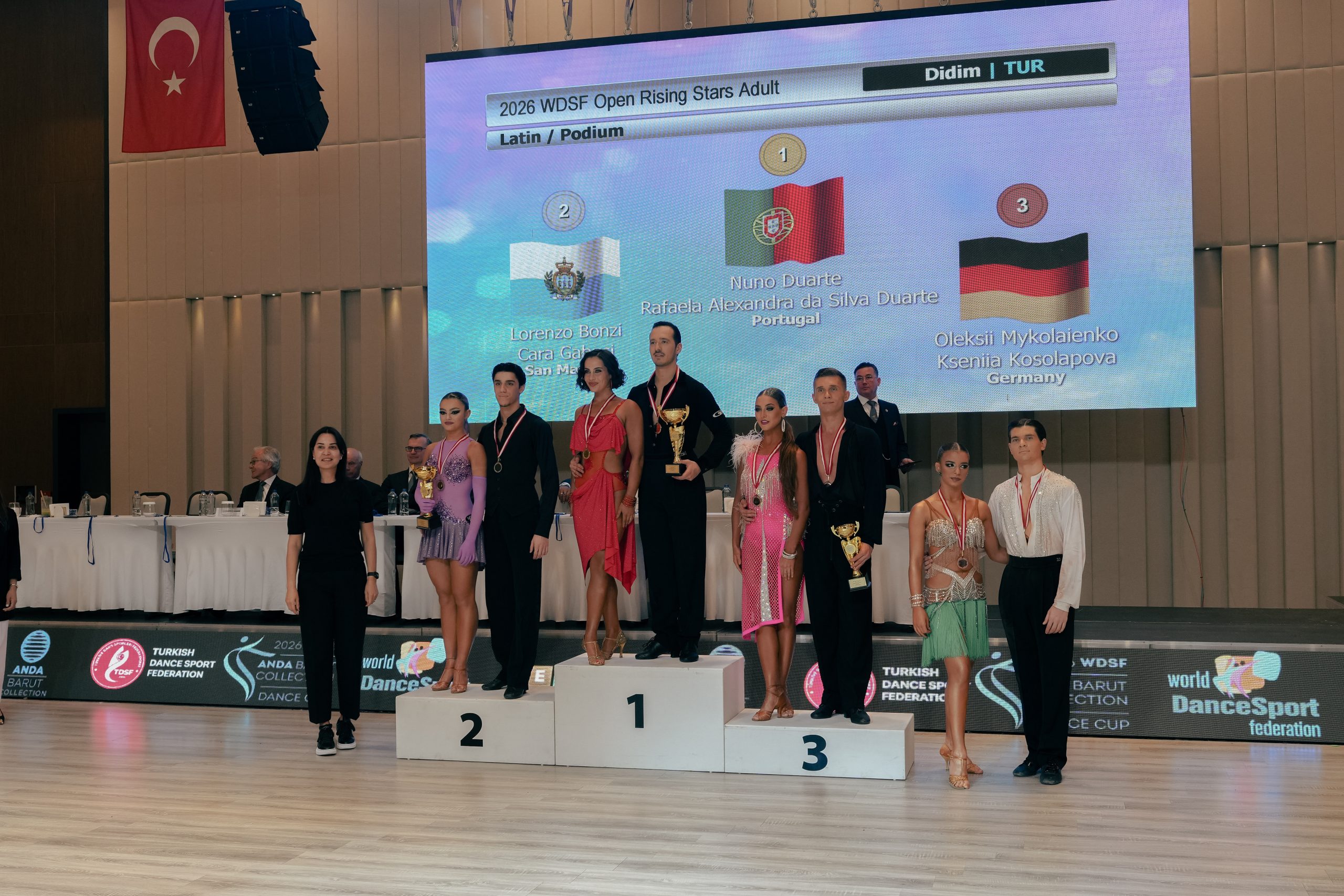 Dancers on a three-tier podium after a competition; 1st place center, 2nd left, 3rd right, with medals and trophies; large screen backdrop shows winners and flags; Turkish flag on left.