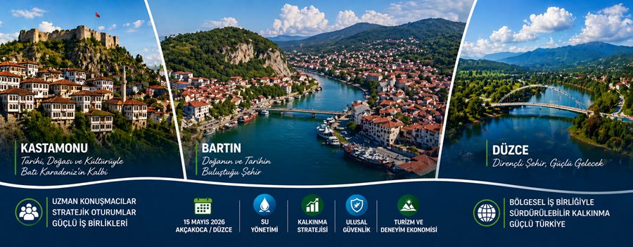 Collage of Kastamonu, Bartın and Düzce: fortress on a hill, harbor town, and river bridge promoting regional tourism and growth.