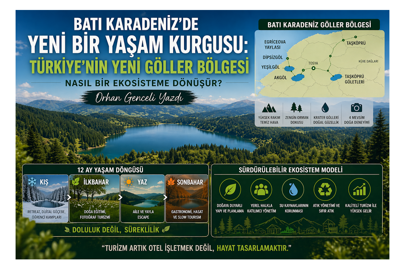 Turkish infographic about Türkiye'nin yeni göller bölgesi; lake landscape with a map and sustainability icons in a poster layout of eco-friendly goals.