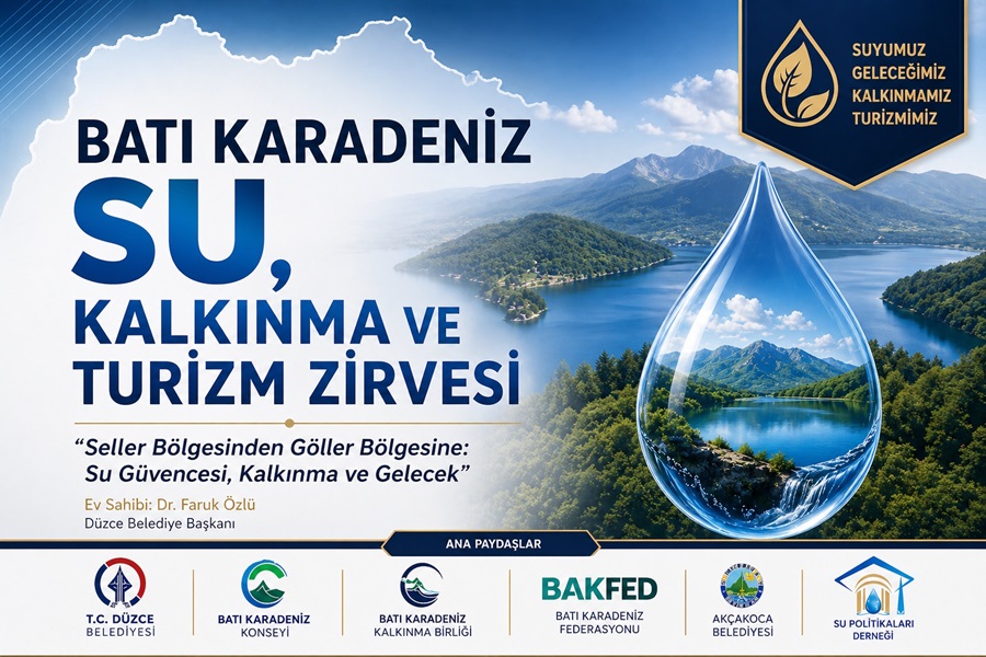 Banner advertising the Western Black Sea 'SU, KALKINMA VE TURIZM ZİRVESİ' with a large water droplet over a mountain lake and logos of sponsors at the bottom.