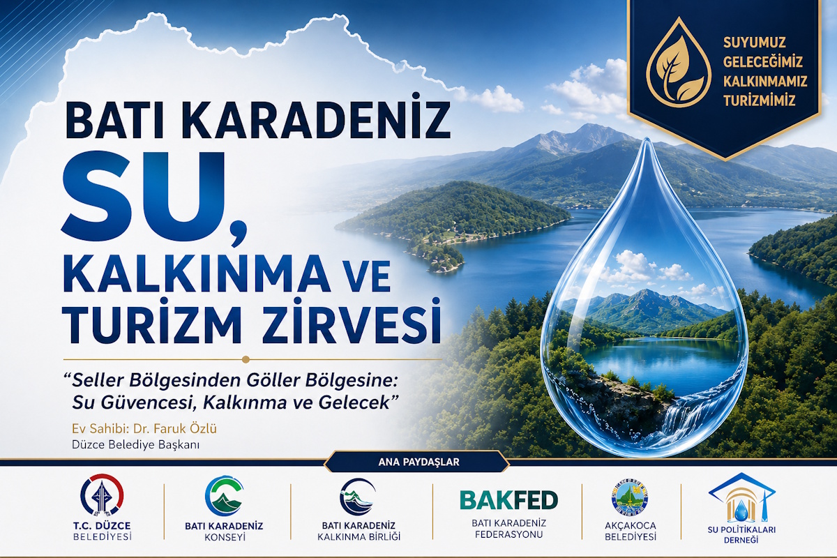 Afiş: Batı Karadeniz Su, Kalkınma ve Turizm Zirvesi başlığıyla görsel içerik, dağlık ve göl manzarasıyla büyük su damlası simgesi. Logolar alt bölümde uzanır. (İmge iletilen mesaj: su ve turizm odaklı zirve)