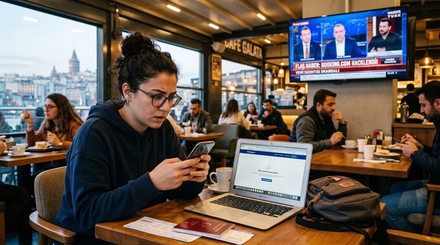 Young woman in a dark hoodie and glasses uses her phone at a cafe table, with an open laptop and a backpack nearby as others chat in the background and a TV screens news.