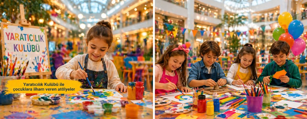 Two-panel indoor art workshop: left shows a smiling girl painting with paints beside a sign in Turkish; right shows four kids cutting and drawing with colorful supplies and balloons in a festive space.
