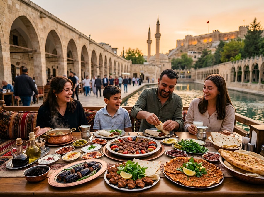 Four friends dine at a riverside table, with mezze, bread and kebabs, as arches and minarets glow at sunset.