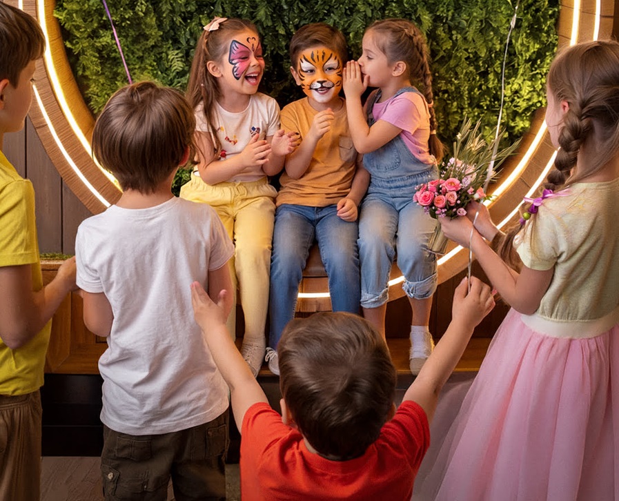 Group of children at a birthday party; three kids with face paint sit on a bench as others reach in to greet them.