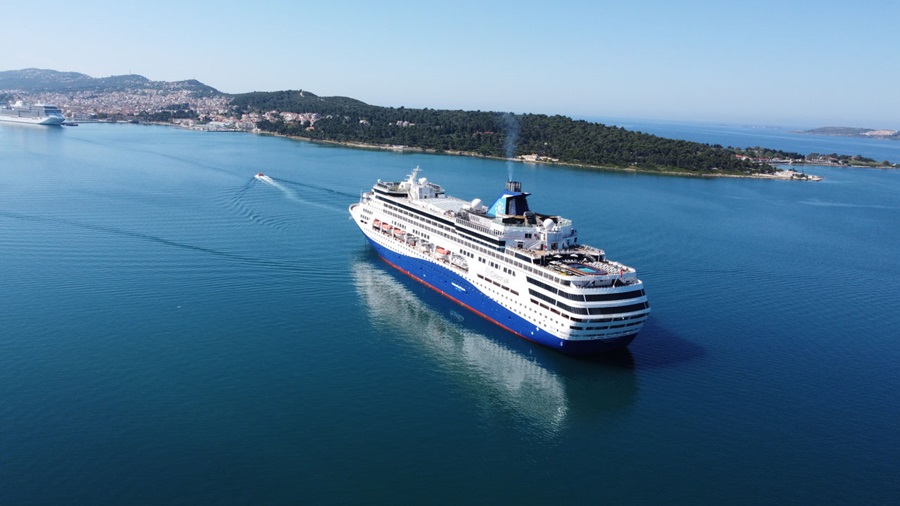 Large white and blue cruise ship sailing in calm blue water near a forested coastline with a distant town in the background.