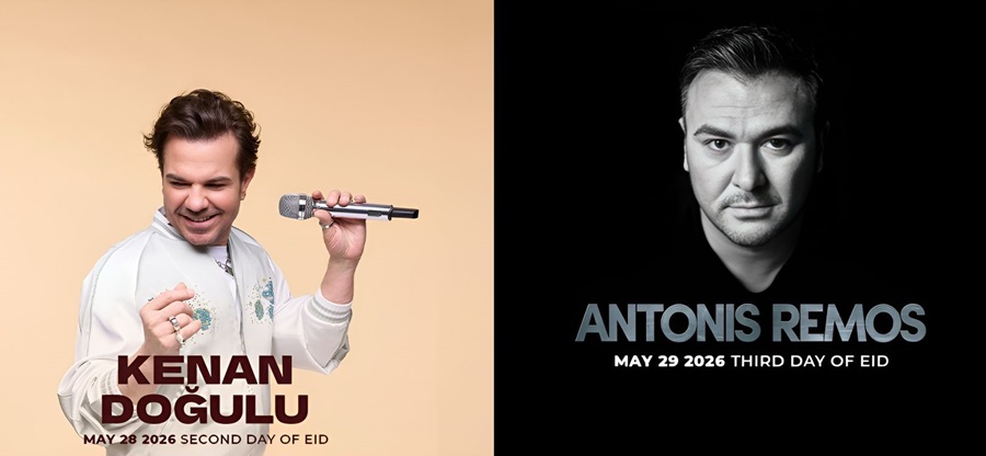 Split image with two event posters: left shows a smiling man holding a microphone against a beige background, text reads 'KENAN DOĞULU | MAY 28 2026 SECOND DAY OF EID'. Right shows a black poster with a man's portrait and text 'ANTONIS REMOS | MAY 29 2026 THIRD DAY OF EID'