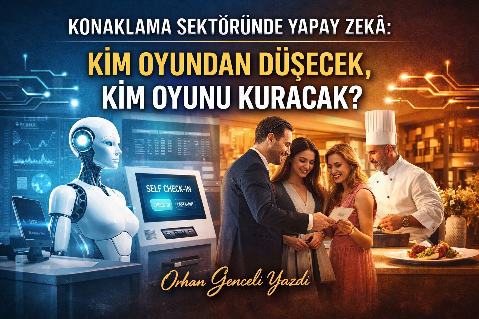 Turkish book cover about AI in hospitality; a humanoid robot at a self-check-in kiosk with guests and a chef in a hotel lobby.