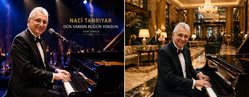 Pianist in a black tuxedo smiling while playing a grand piano on stage with a lit backdrop and audience behind him, during a formal concert.