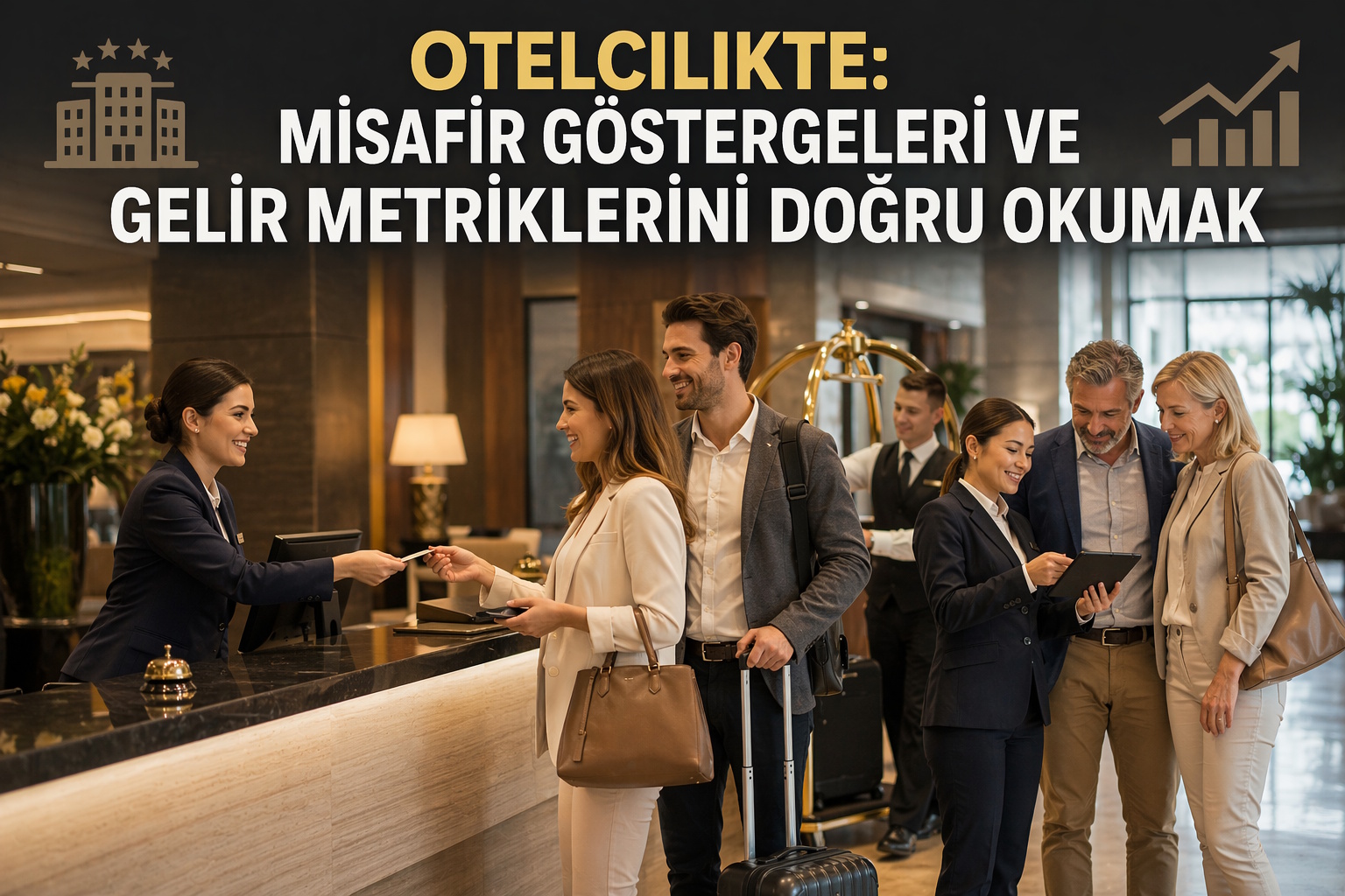 Otel lobisinde check-in yapan misafirler ve güler yüzlü resepsiyon görevlisi; üstte Türkçe başlıklar görünüyor, lobide modern bir ortam.