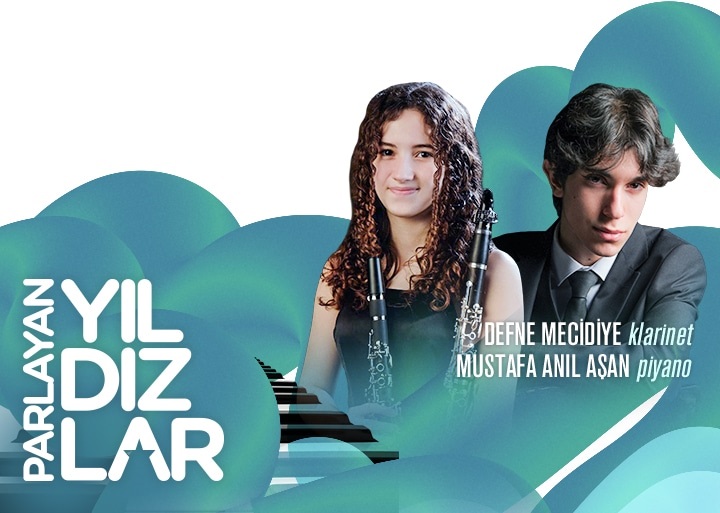 Music poster featuring two young musicians (clarinetist and pianist) with teal circular shapes and the title 'Parlayan Yıldızlar'.