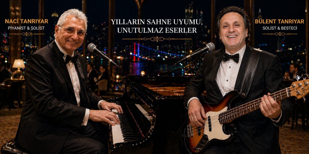 Two male musicians in tuxedos perform at a grand piano and electric bass on a nighttime venue stage, with city lights in the background and a slogan centered above: 'Yılların sahne uyumu, unutulmaz eserler.'