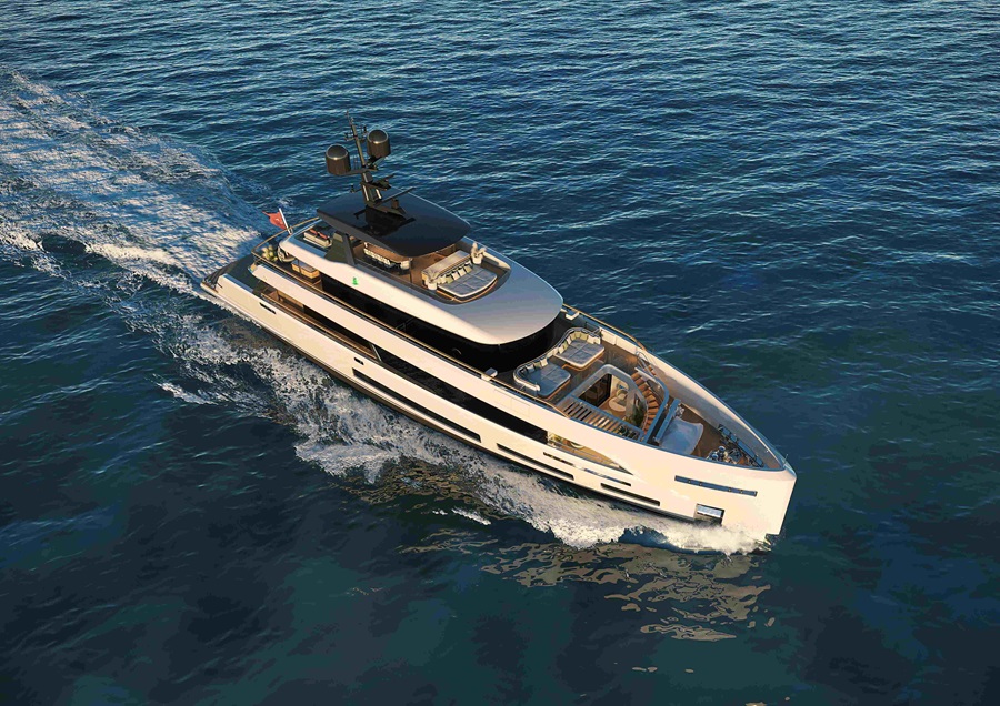 Luxury white motor yacht cruising through blue ocean, trailing white wake in clear water.