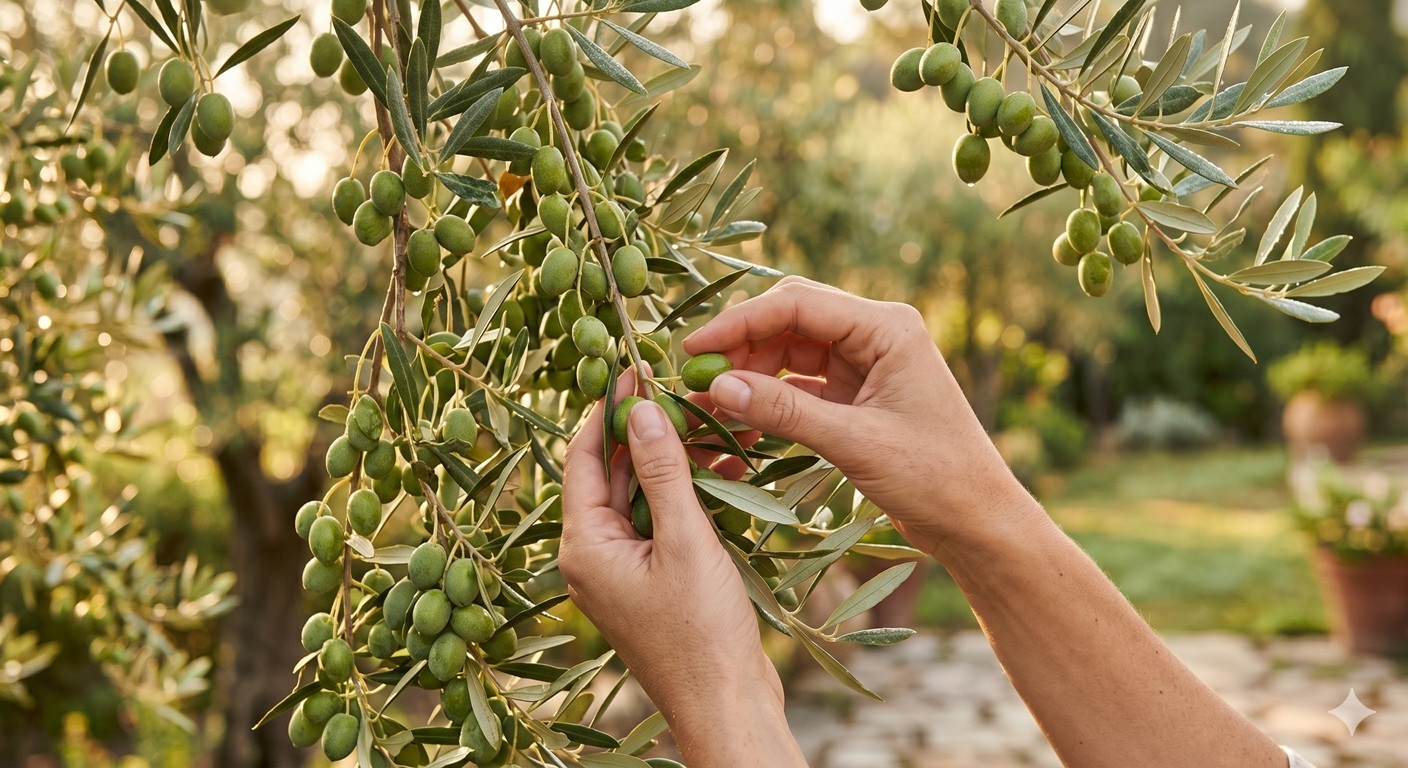 Hands carefully picking small green olives from an olive branch in a sunlit garden.