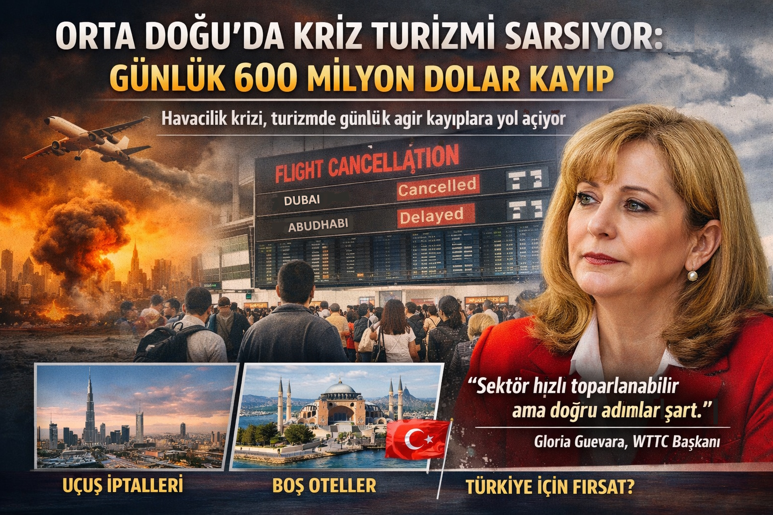 Turkish-language poster about crisis tourism with a flight board showing cancelled and delayed flights, a burning city backdrop, and a journalist's portrait on the right.