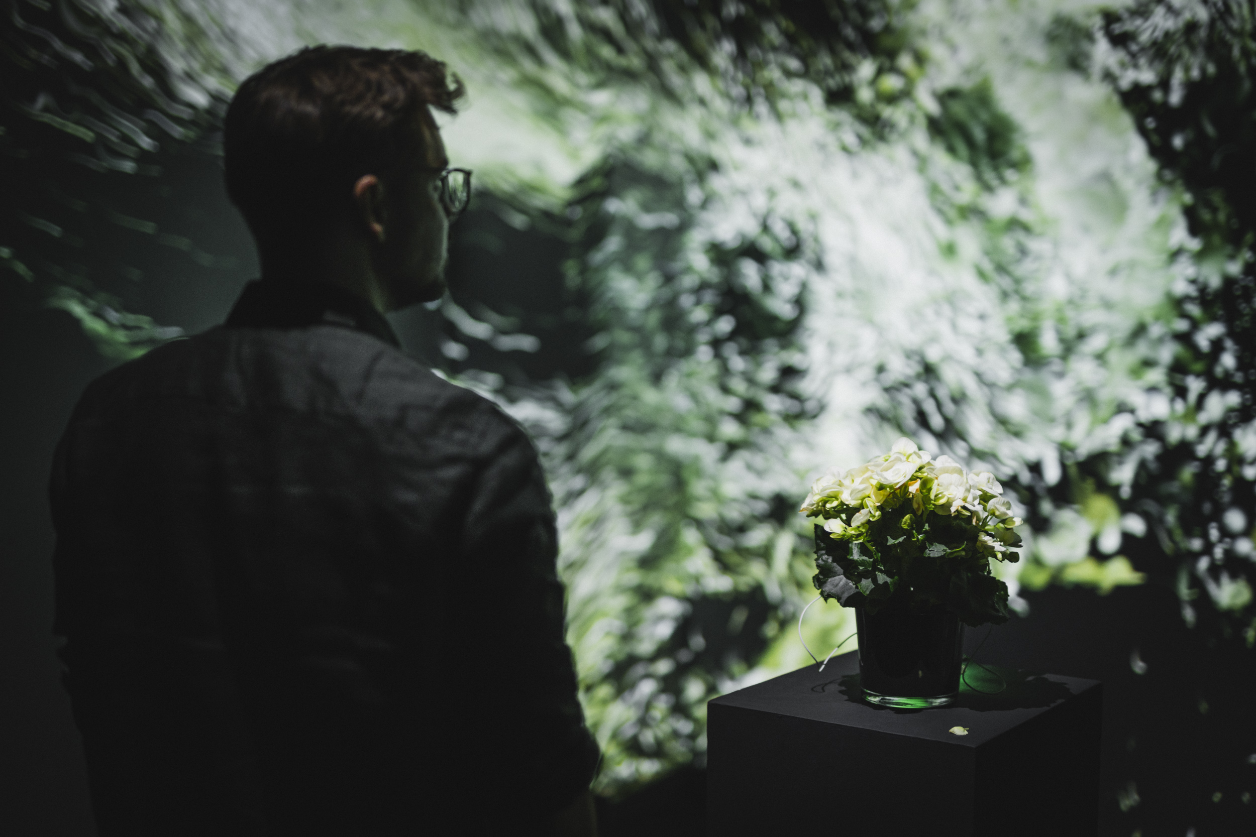 Man in a dark shirt with glasses stands with his back to the camera, facing a lush green backdrop beside a vase of yellow flowers.
