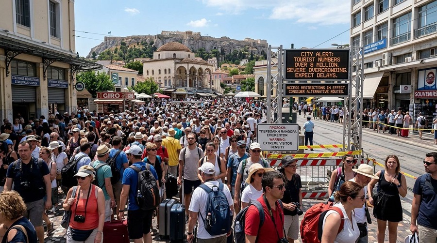 Crowded street filled with tourists and backpacks beneath a city barrier board and warning signs.