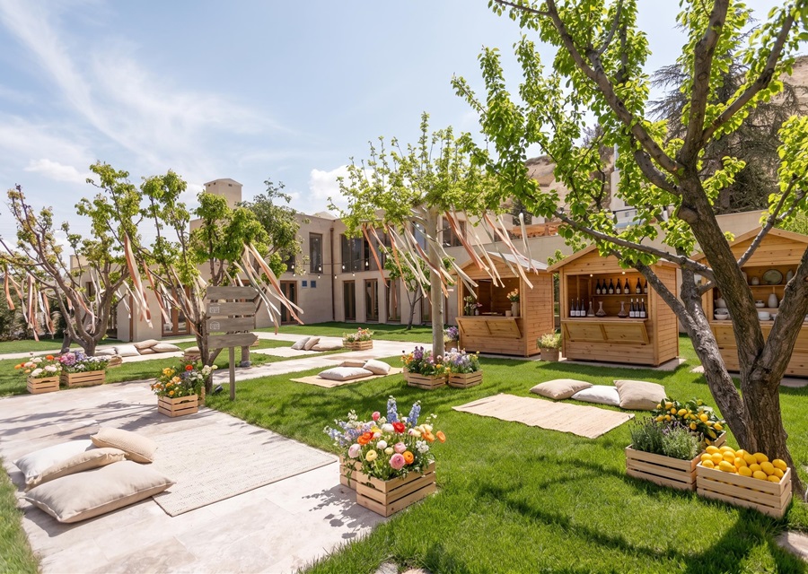 Outdoor garden event space with wooden stalls, colorful flowers, and plush cushions on grassy areas under leafy trees.