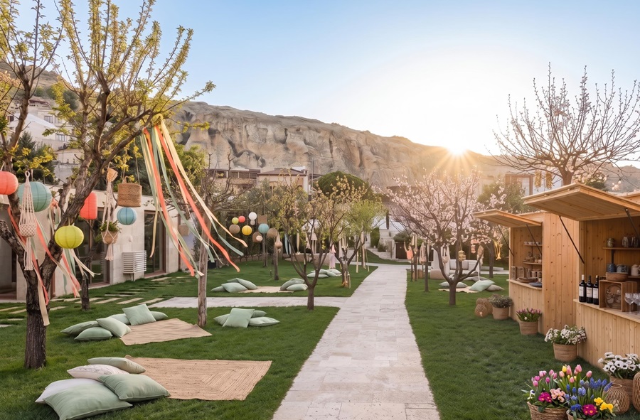 Sunset-lit outdoor garden with a stone path, colorful lanterns and ribbons, cushions on the grass, and wooden market stalls.