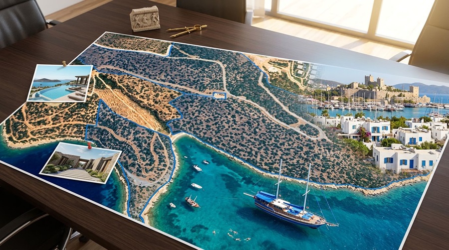 Aerial coastal map spread on a conference table with small photos pinned, showing turquoise water, a marina, and white-washed buildings.