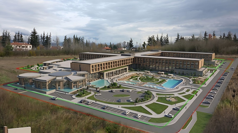 A large modern hotel complex with layered buildings, a central pool courtyard, and surrounding parking lots (architectural rendering).