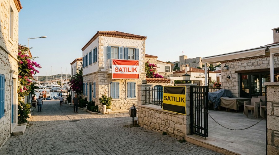 Stone-walled harbor street with blue-shuttered buildings, boats in the marina, and a large 'SATILIK' (for sale) banner on a two-story house.