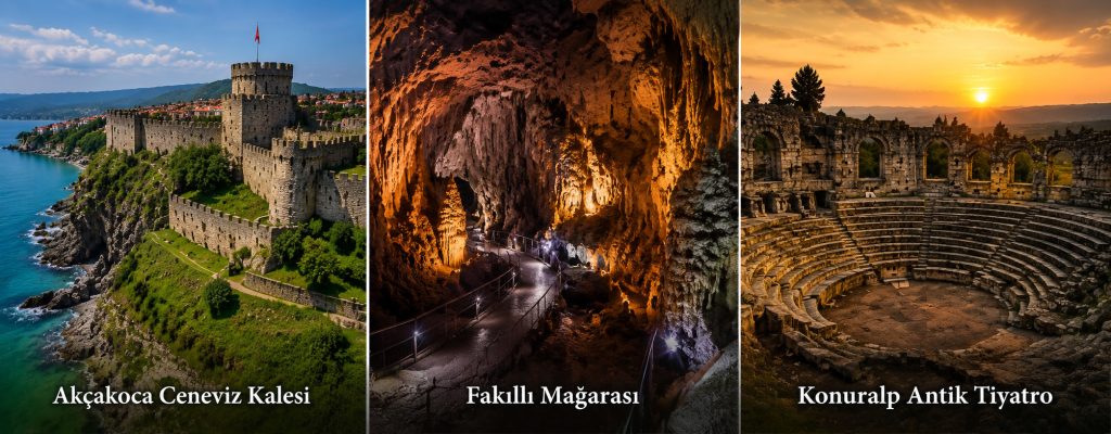 Triptych of Turkish landmarks: Akçakoca Genoese Castle by the sea, Fakılı Cave interior, and Konuralp Ancient Theater at sunset.