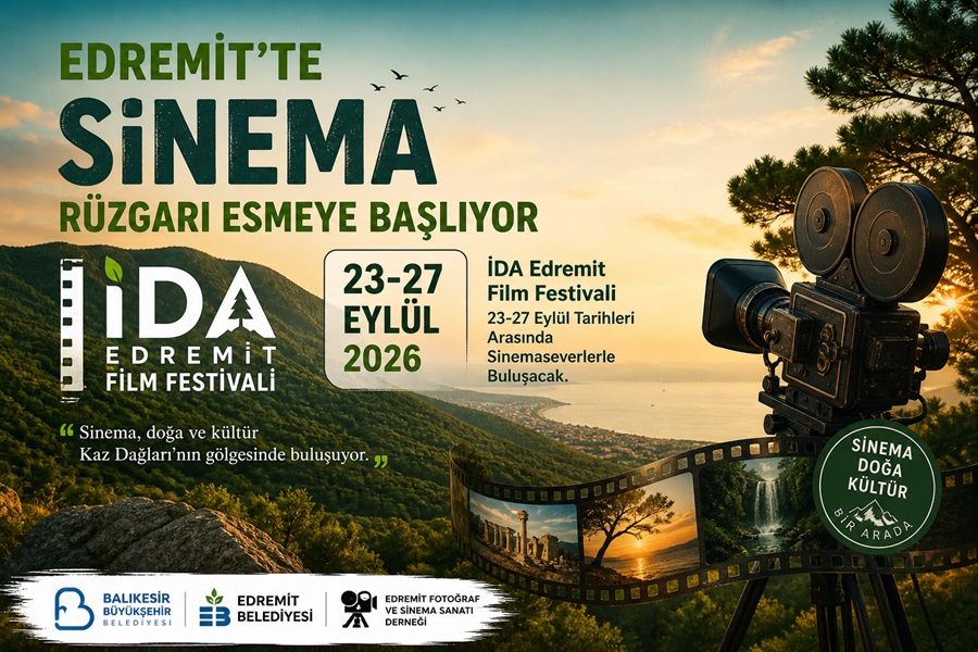 Promotional poster for the Edremit Film Festival (İDA Edremit Film Festivali), with a vintage movie camera and film strip over a scenic hillside at sunset; dates 23–27 September 2026 are shown.