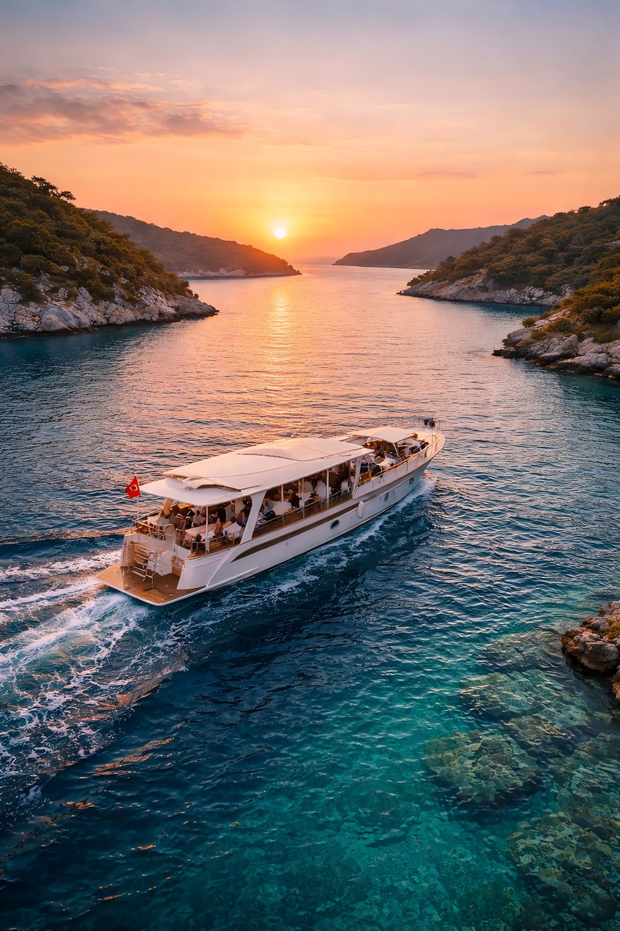 White tour boat sailing through turquoise water at sunset between rocky, tree-covered peninsulas.