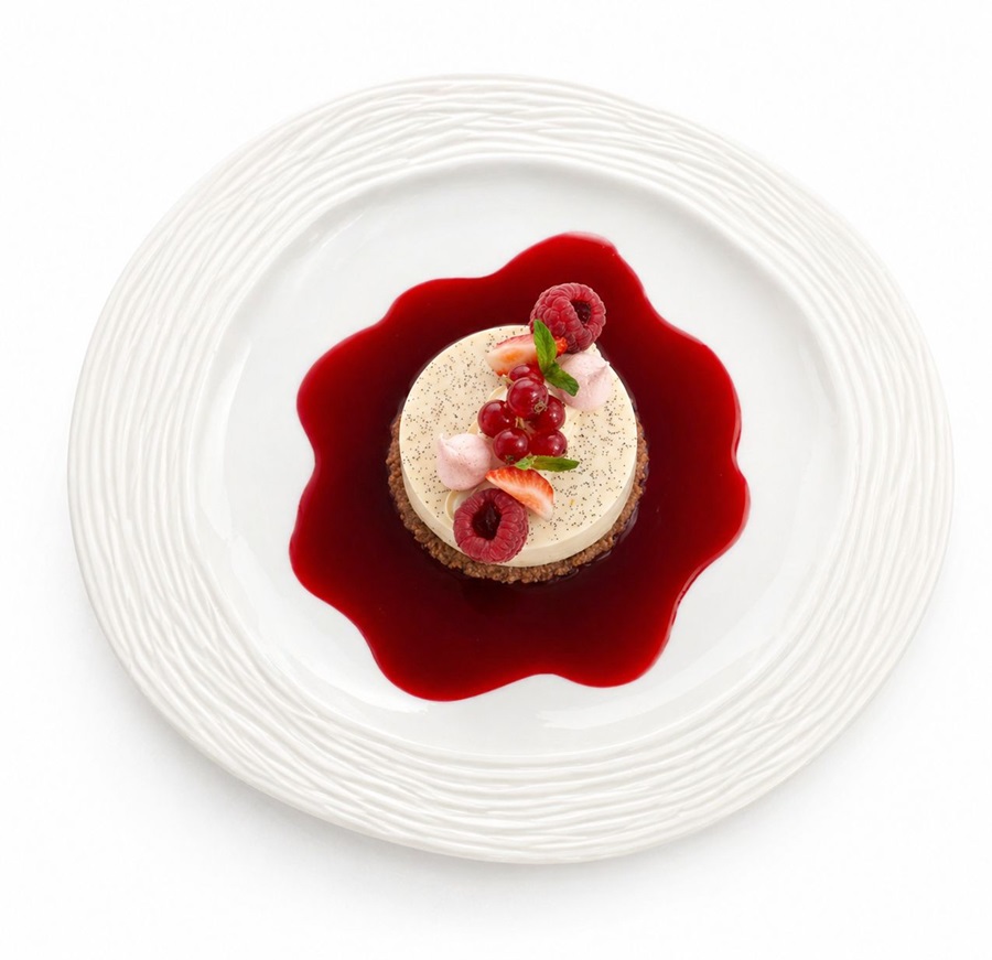 Dessert on a white plate with a red fruit sauce ring, topped with berries and mint on a small circular cake or mousse centerpiece.