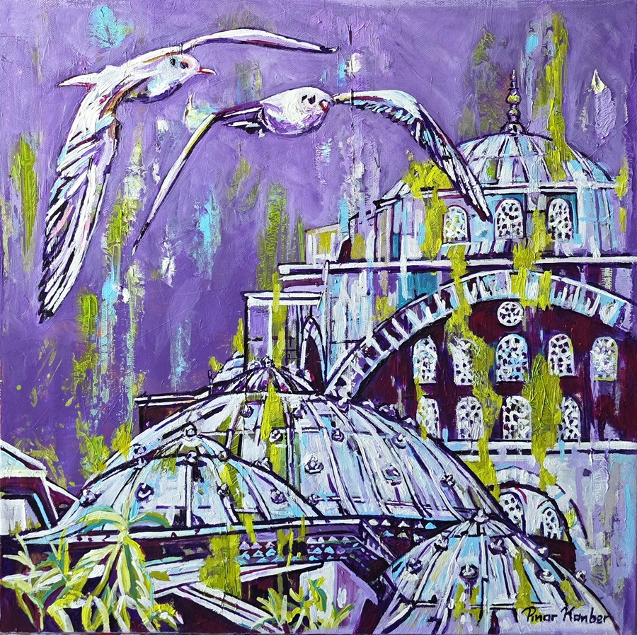 Abstract painting of seagulls flying over a purple cityscape with domed glass structures.