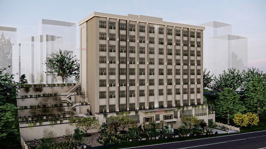 Rendering of a modern multi-story beige building with glass windows and greenery along the street edge.