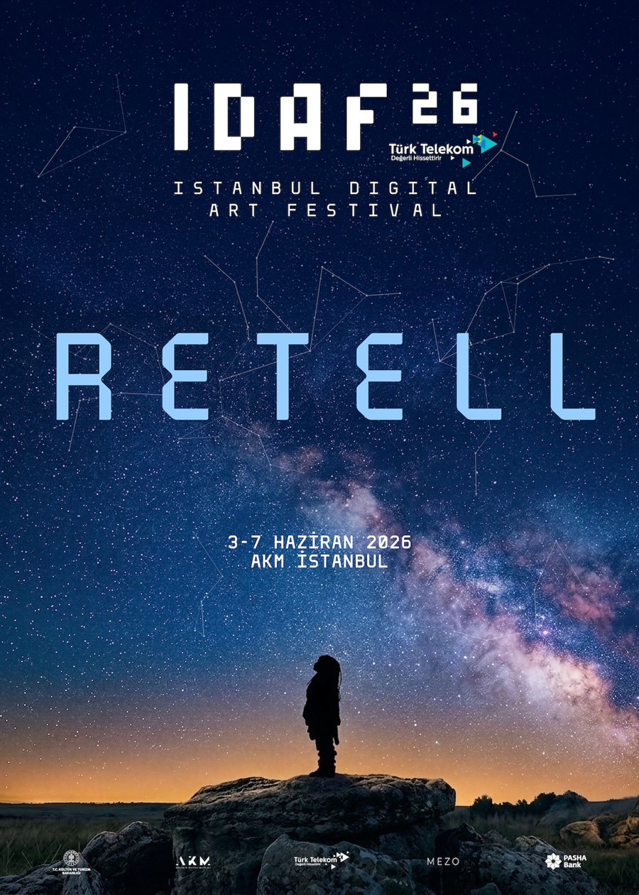 Poster for Istanbul Digital Art Festival featuring a silhouetted person on rocks under a starry night sky with 'RETELL' in large letters and festival dates (3-7 June 2026, AKM Istanbul).