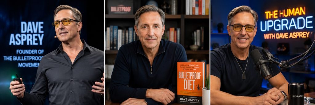 Three-panel collage of a gray-haired man with glasses: presenting on stage, posing with a 'Bulletproof Diet' book, and recording a podcast with a neon sign behind him.