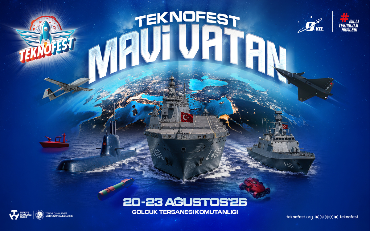 Promotional Teknofest poster showing a globe with space and naval ships, announcing 20–23 August 2026 at Gölcük Naval Base in Türkiye SBF terms of the event name MauiVatân.