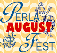 Festival poster for Perla August Fest featuring a dancing couple, globe decorations, and blue script typography on a yellow patterned background.