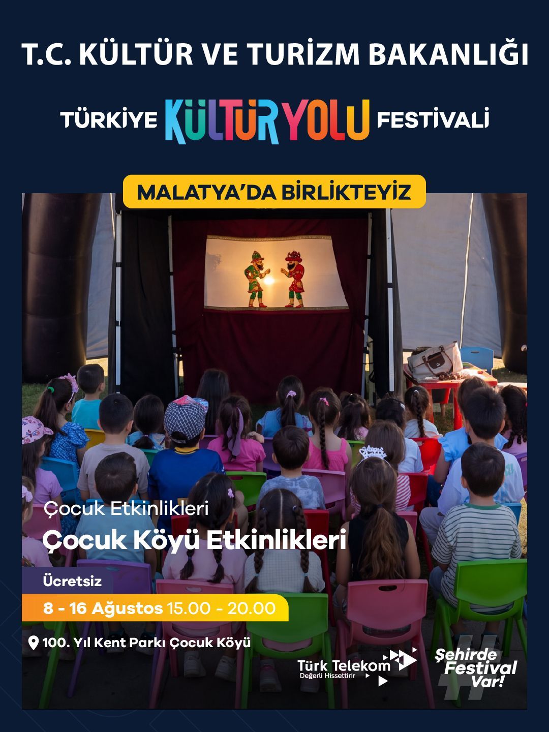 Poster for Turkey Culture Road Festival featuring a puppet show on stage with children seated on colorful chairs; banner reads 'MALATYA’DA BİRLİKTEYİZ'. Bottom text notes 'Çocuk Köyü Etkinlikleri', free, 8–16 Ağustos 15:00–20:00 at 100. Yıl Kent Parkı Çocuk Köyü.