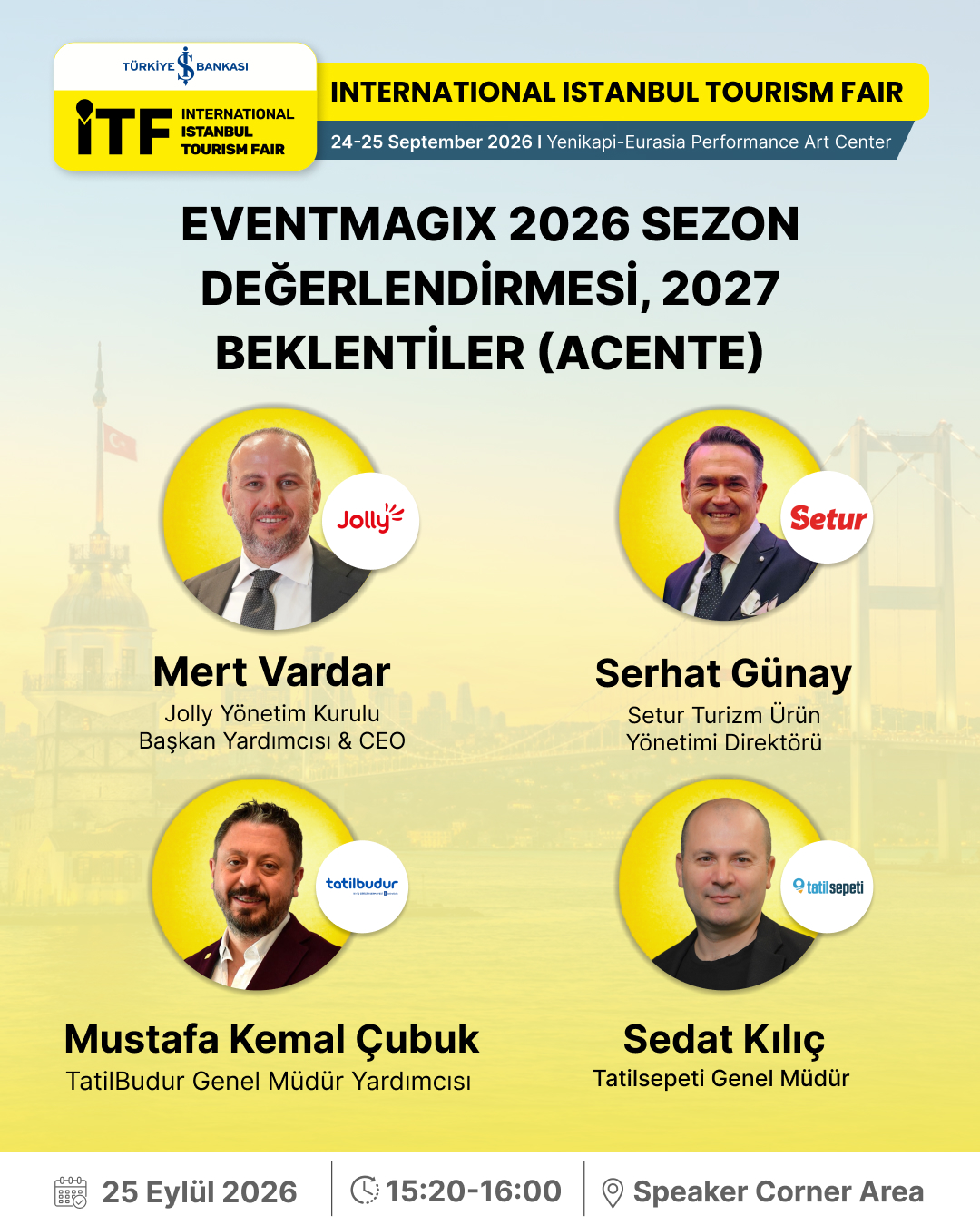 Poster for International Istanbul Tourism Fair (ITE) 2026 with a gradient blue‑to‑yellow background, showing four speaker headshots in yellow circles and their titles: Mert Vardar (Jolly Yönetim Kurulu Başkan Yardımcısı & CEO), Serhat Günay (Setur Turizm Ürün Yönetimi Direktörü), Mustafa Kemal Çubuk (TatilBudur Genel Müdür Yardımcısı), Sedat Kılıç (Tatılsepeti Genel Müdür). Includes event date 25 Eylül 2026, 15:20–16:00, and ‘Speaker Corner Area’ location.