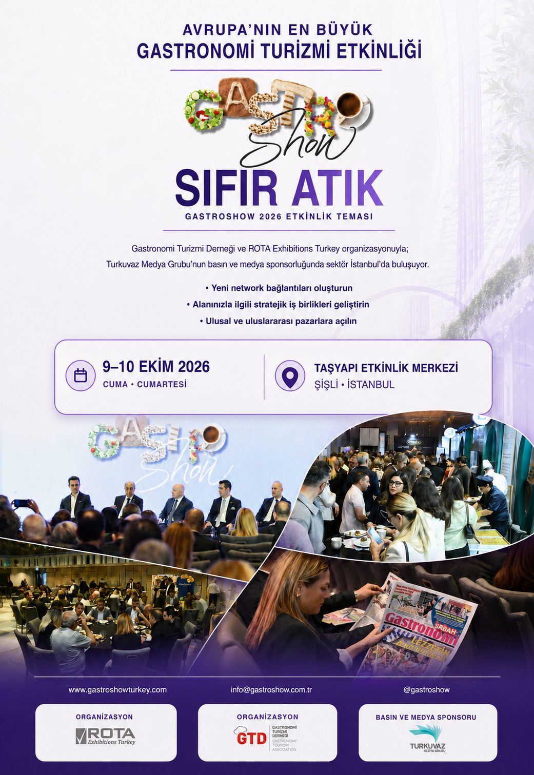 Poster for GastroShow: Europe’s largest gastronomy tourism event with the 'Zero Waste' theme, featuring date (9–10 Oct 2026), location in Istanbul, and collage of conference scenes and attendees with sponsor logos.