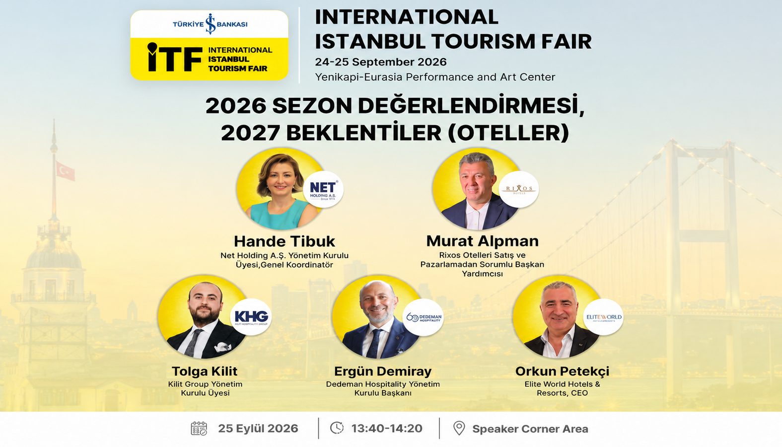 Poster for International Istanbul Tourism Fair (ITF), with six speaker headshots and event details.